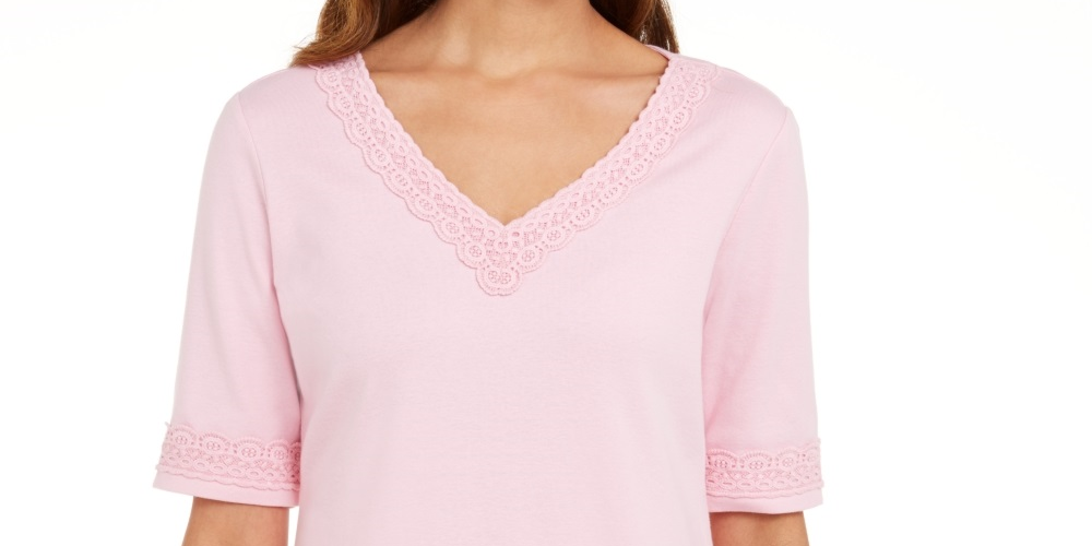 Karen Scott Women's Cotton Crochet Trim Top Pink Size X-Small