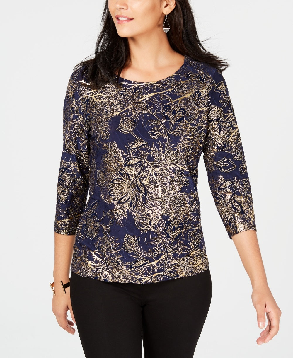 JM Collection Women's Jacquard Top Blue Size X-Small