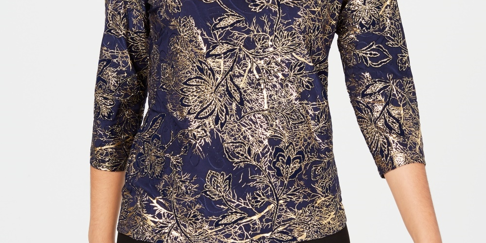 JM Collection Women's Jacquard Top Blue Size X-Small