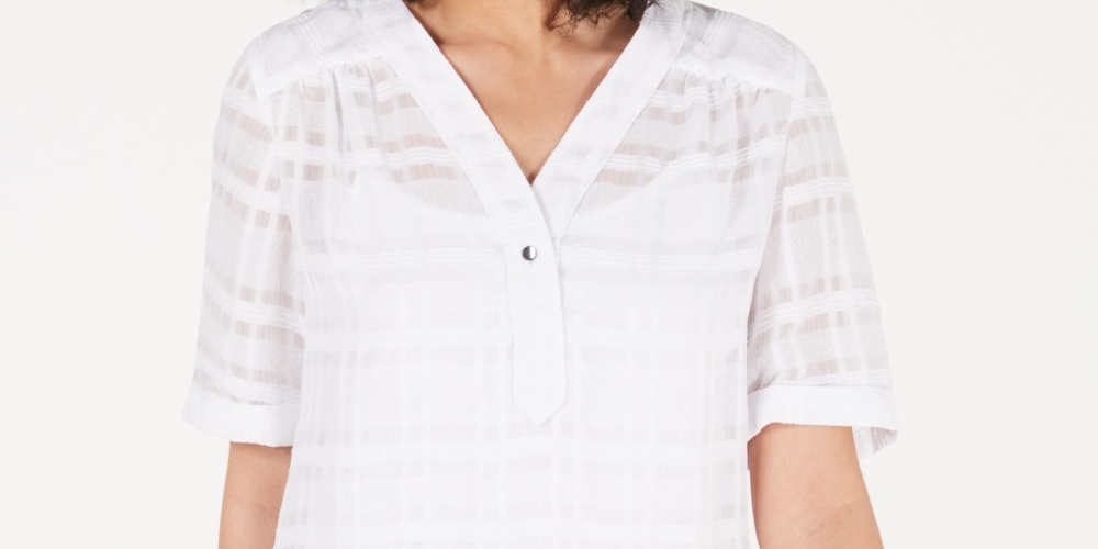 Alfani Women's Petite Plaid V-Neck Top White Size PL