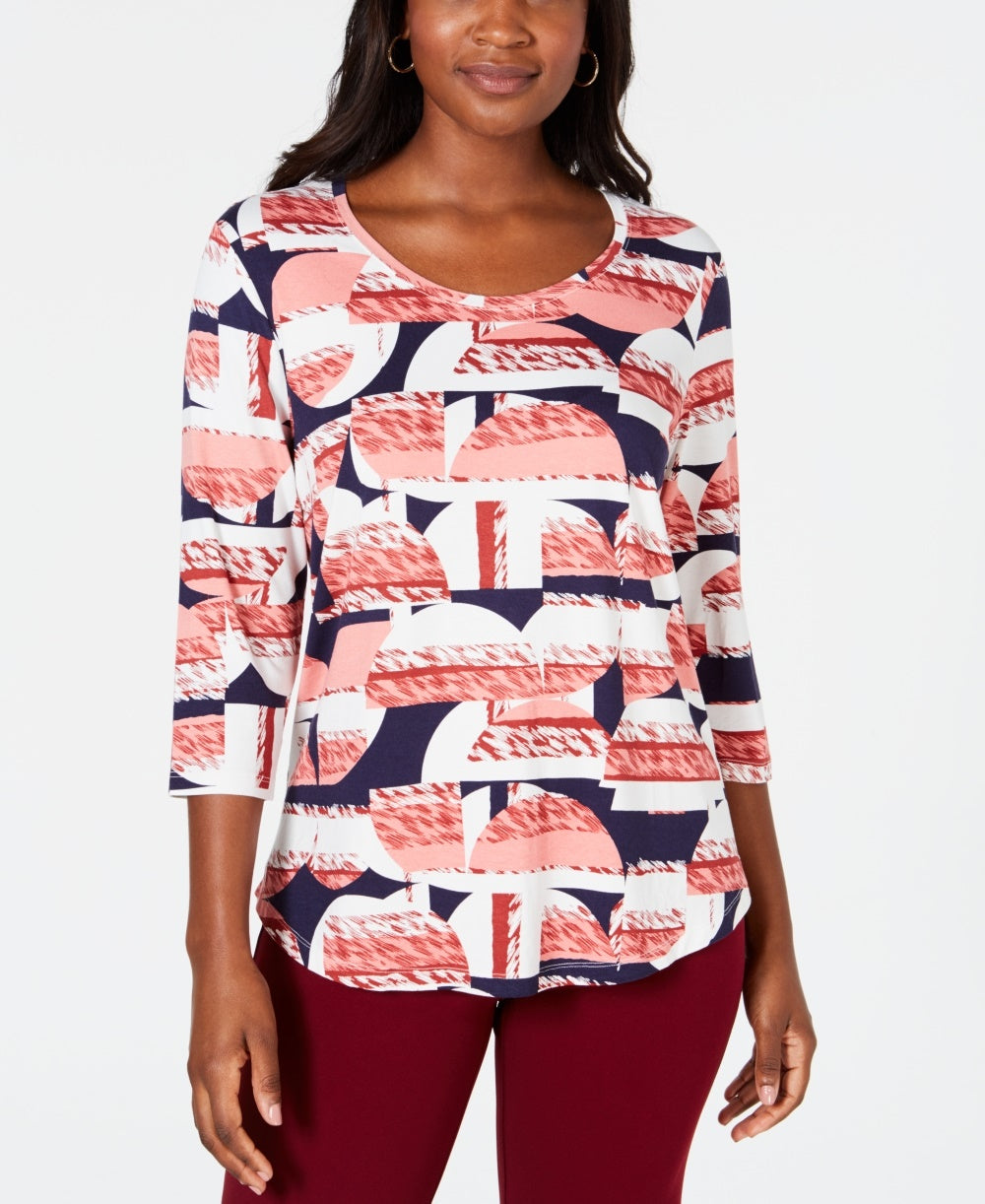 JM Collection Women's Petite Printed 3/4 Sleeve Top Pink PS