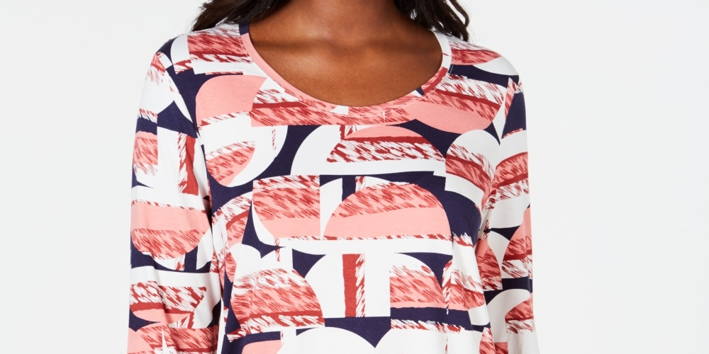 JM Collection Women's Petite Printed 3/4 Sleeve Top Pink PS