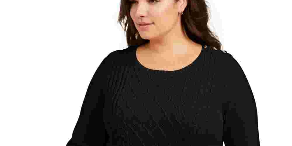 Charter Club Women's Plus Ribbed Trim Button Sleeves Crewneck Sweater Black Size 3X
