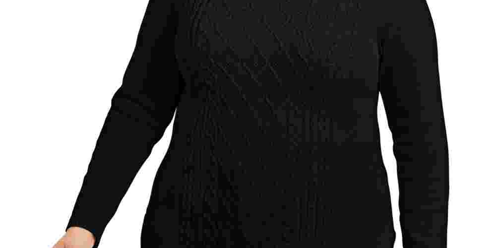 Charter Club Women's Plus Ribbed Trim Button Sleeves Crewneck Sweater Black Size 3X