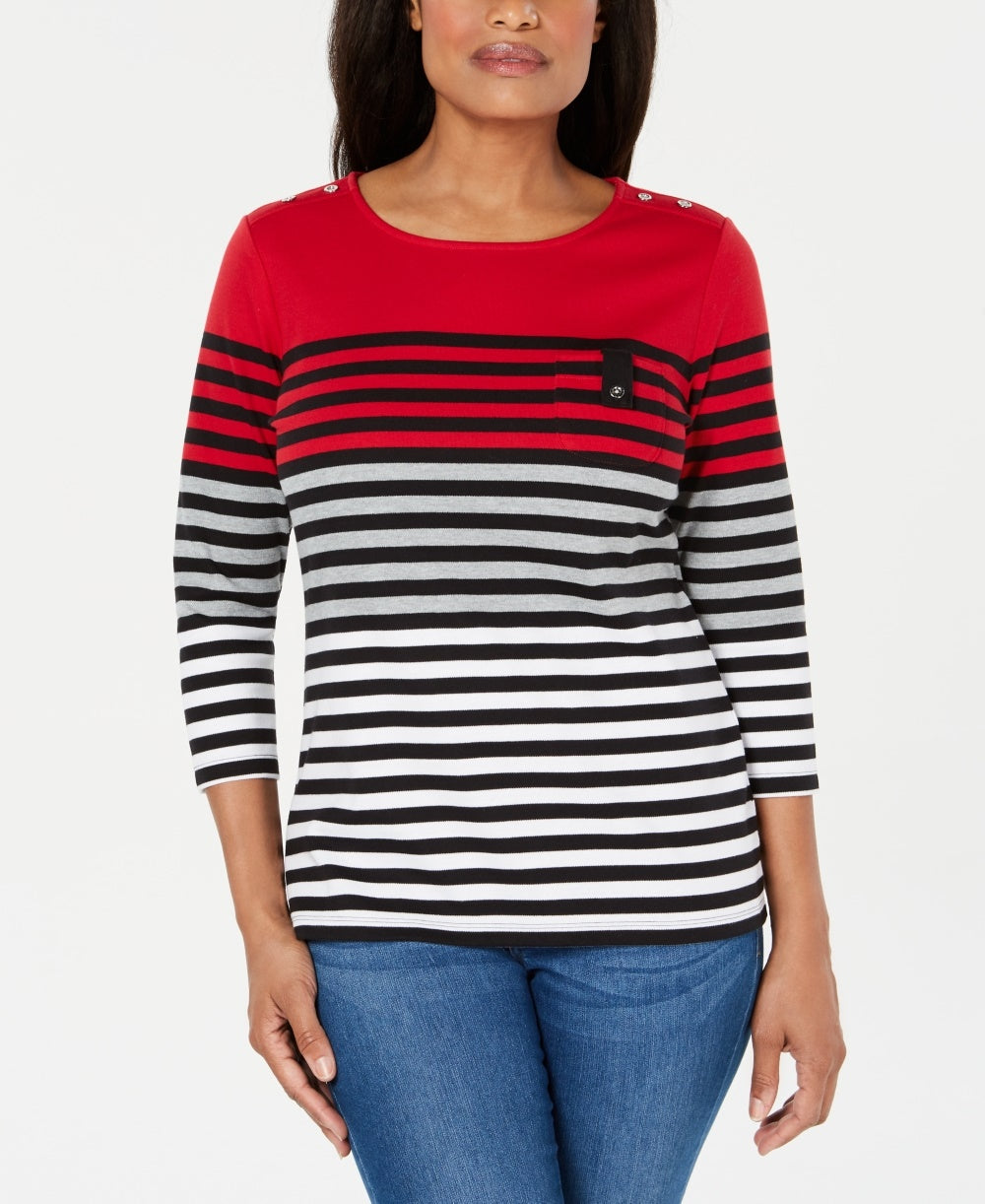 Karen Scott Women's Petite Striped Colorblocked Top Bright Red Size PS