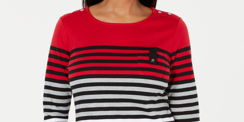 Karen Scott Women's Petite Striped Colorblocked Top Bright Red Size PS