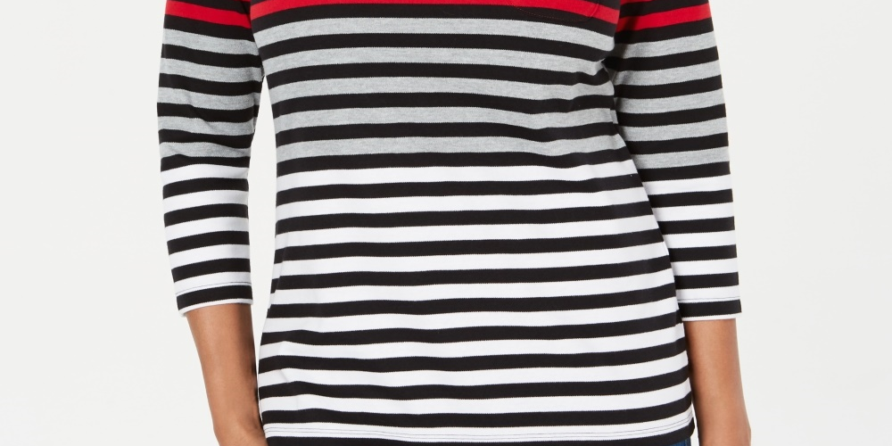 Karen Scott Women's Petite Striped Colorblocked Top Bright Red Size PS