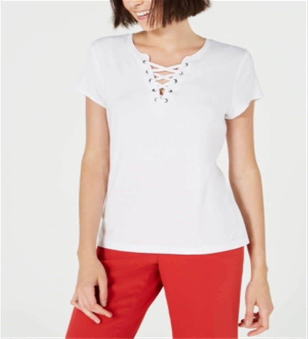 Bar III Women's Lace up T-Shirt White Size XXS