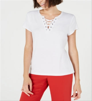 Bar III Women's Lace up T-Shirt White Size XXS