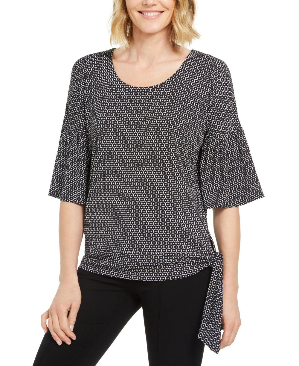 JM Collection Women's Blouse Tie Hem Printed Scoop Neck Black Size Small