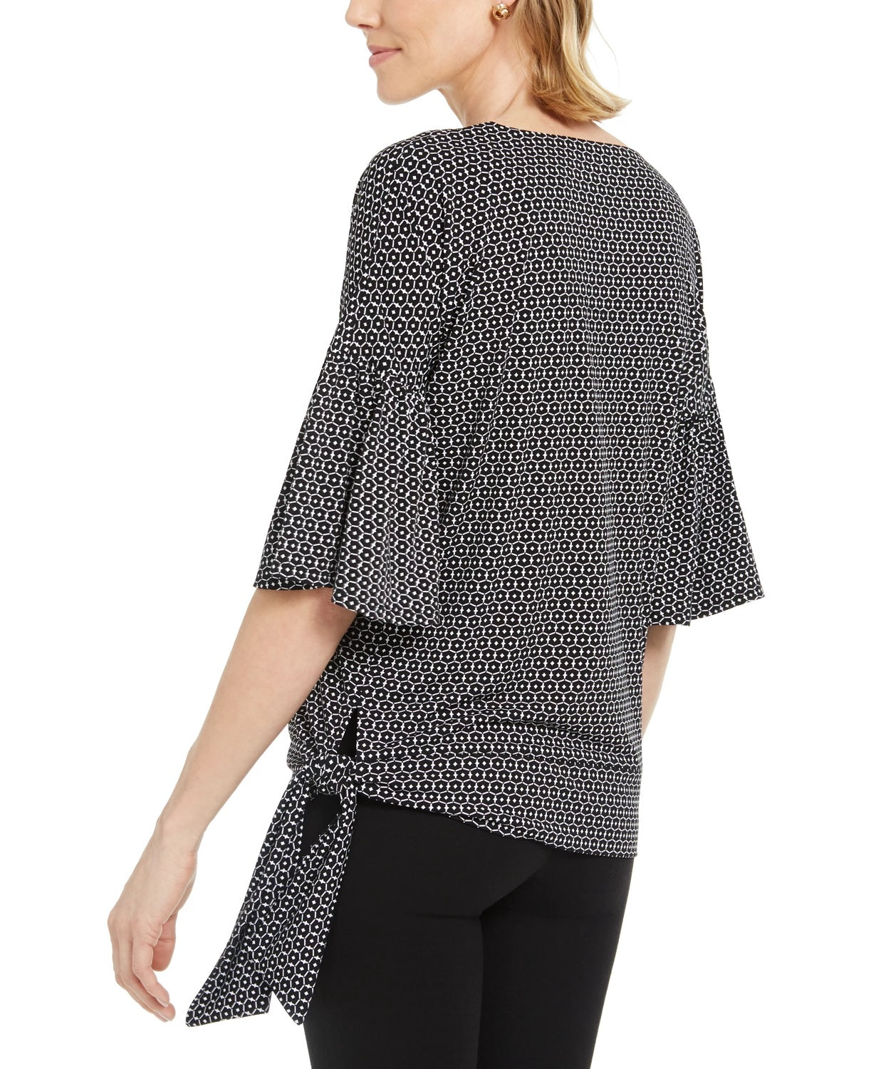 JM Collection Women's Blouse Tie Hem Printed Scoop Neck Black Size Small