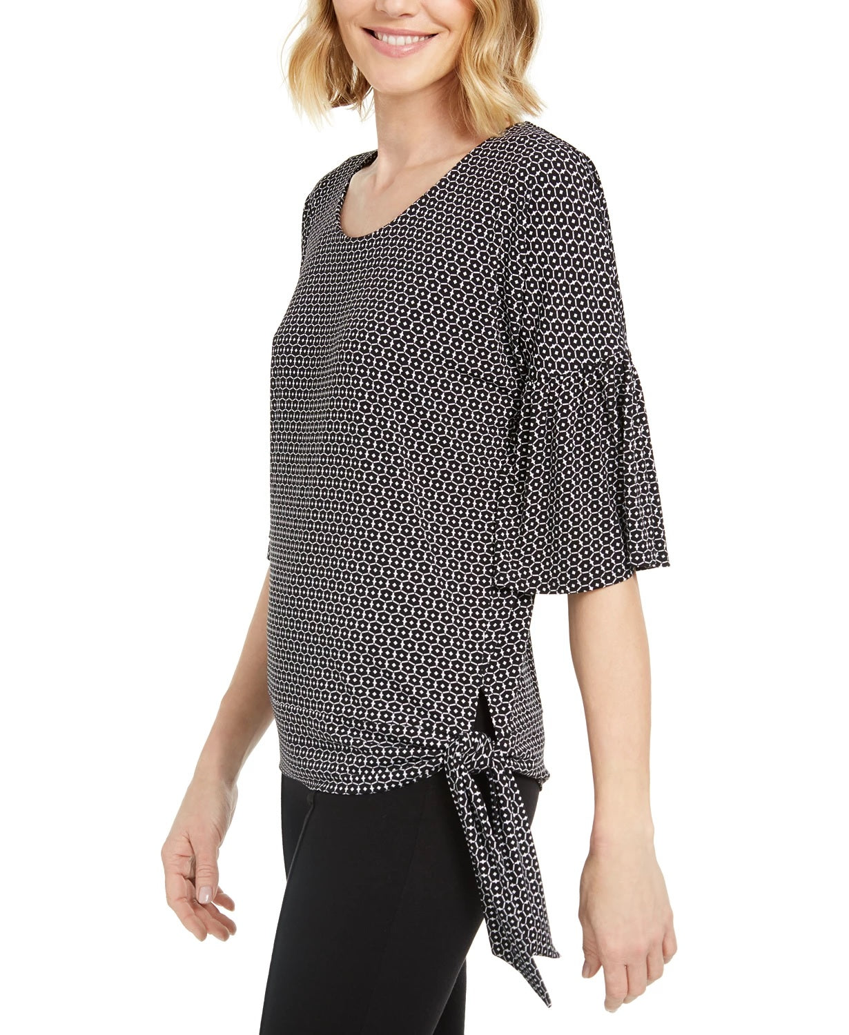 JM Collection Women's Blouse Tie Hem Printed Scoop Neck Black Size Small