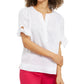 Charter Club Women's Linen Split Neck Tie Cuff Top White Size Medium