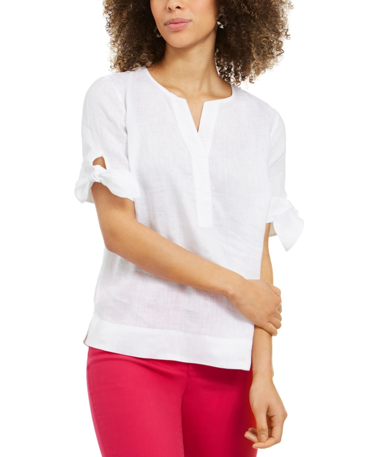 Charter Club Women's Linen Split Neck Tie Cuff Top White Size Medium