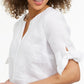 Charter Club Women's Linen Split Neck Tie Cuff Top White Size Medium