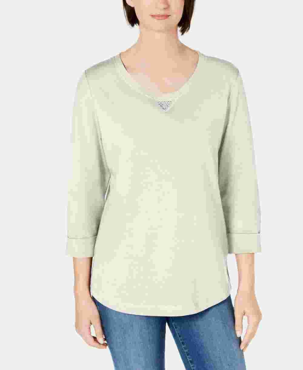 Karen Scott Women's Sport Cotton Studded 3/4 Sleeve Sweatshirt White Size X-Small