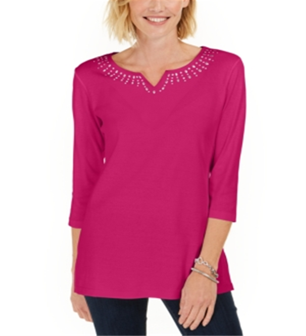 Karen Scott Women's Cotton Studded Split Neck Top Pink Size Small