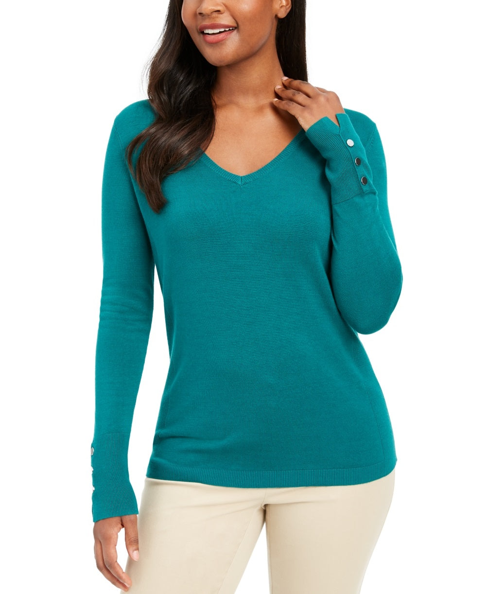 JM Collection Women's Embellished Sleeve V Neck Sweater Green Size Small