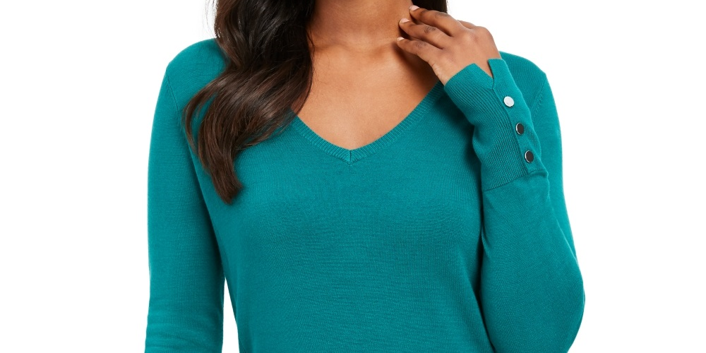 JM Collection Women's Embellished Sleeve V Neck Sweater Green Size Small