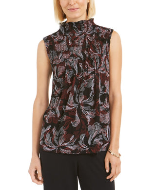 Alfani Women's Smocked Mock Neck Top Red Size Petite X-Large