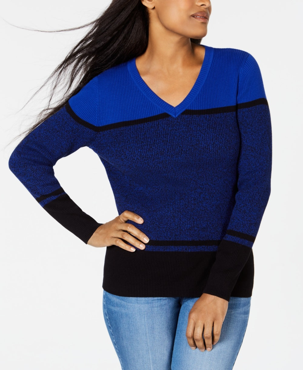 Karen Scott Women's Striped V-Neck Cotton Sweater Navy Size Large