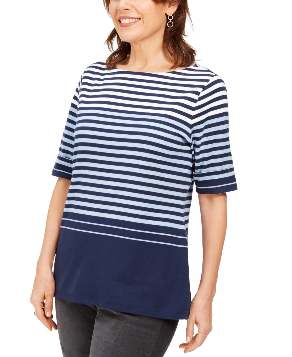 Karen Scott Women's Striped Elbow-Sleeve Top Blue Size X-Small