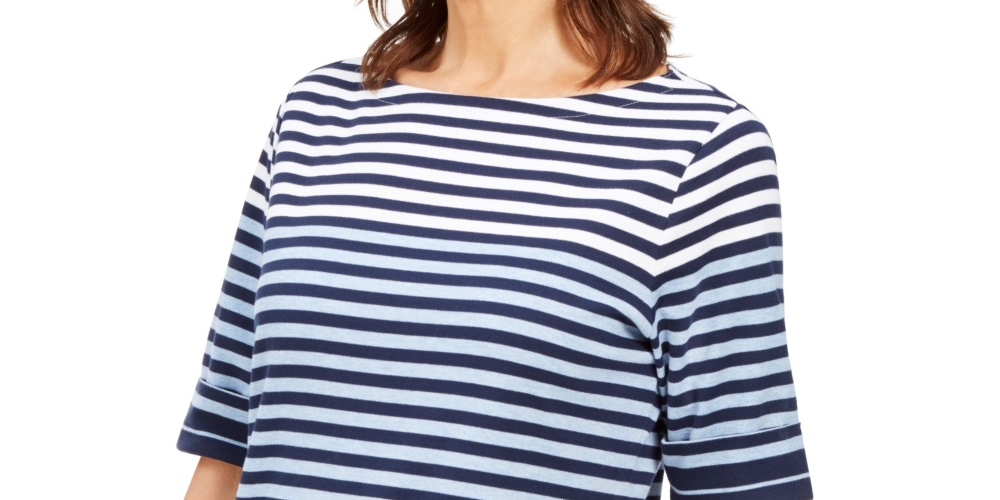 Karen Scott Women's Striped Elbow-Sleeve Top Blue Size X-Small