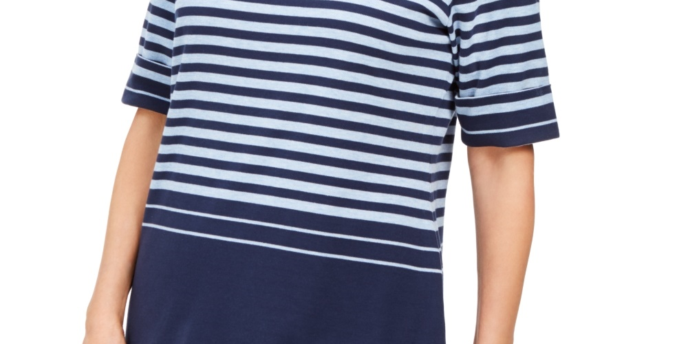 Karen Scott Women's Striped Elbow-Sleeve Top Blue Size X-Small