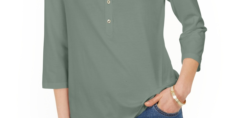 Charter Club Women's Supima Cotton 3/4 Sleeve Polo Green Size Small