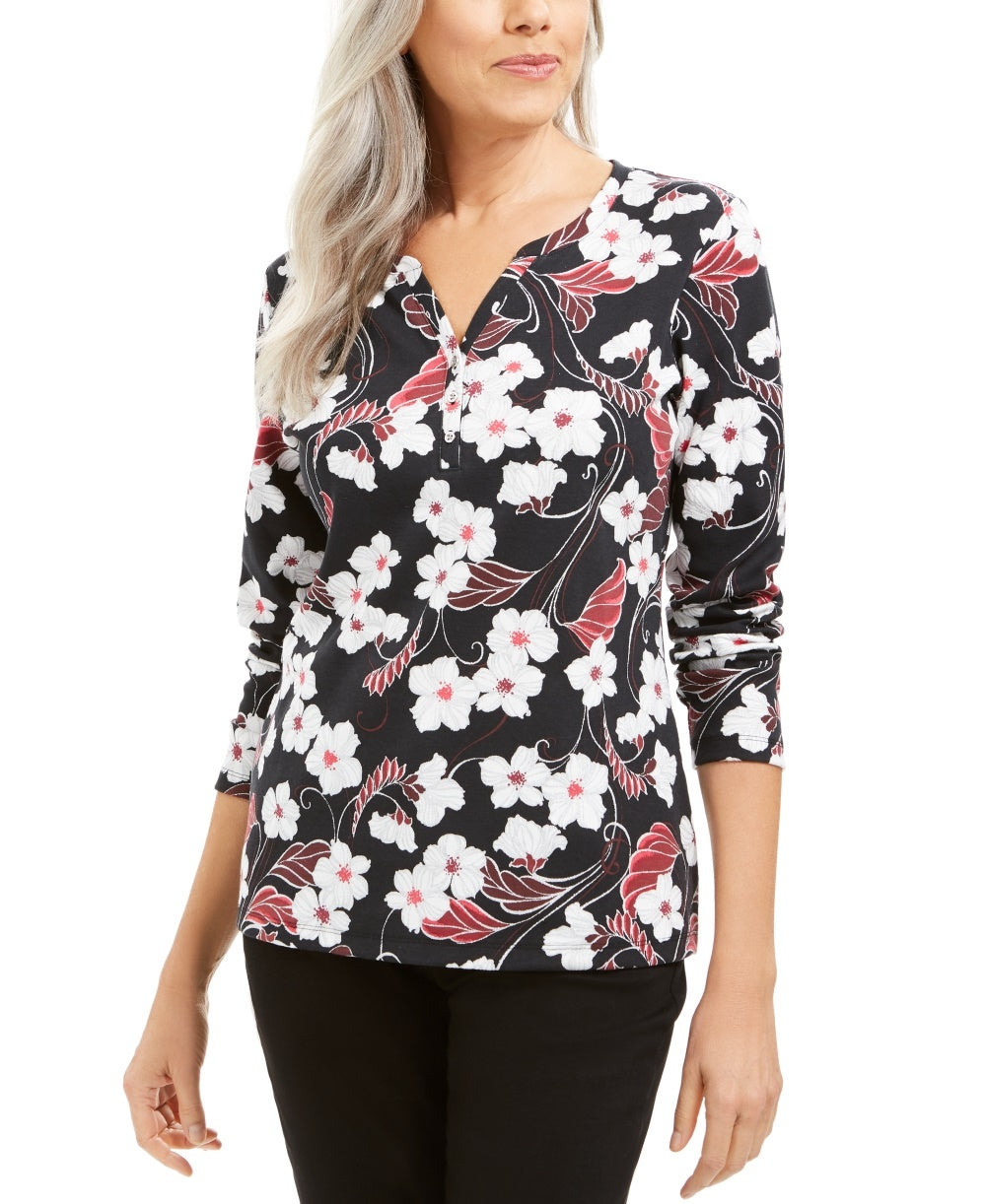 Karen Scott Women's Glitter Vines Henley Top Red Size Small