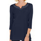 Karen Scott Women's Cotton Studded Split Neck Top Blue Size Small
