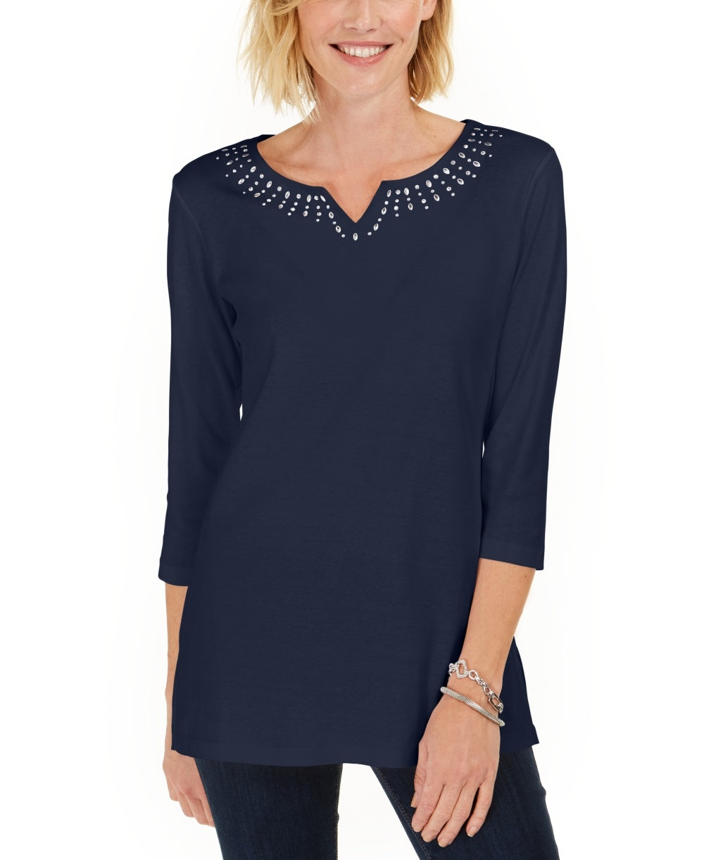 Karen Scott Women's Cotton Studded Split Neck Top Blue Size Small