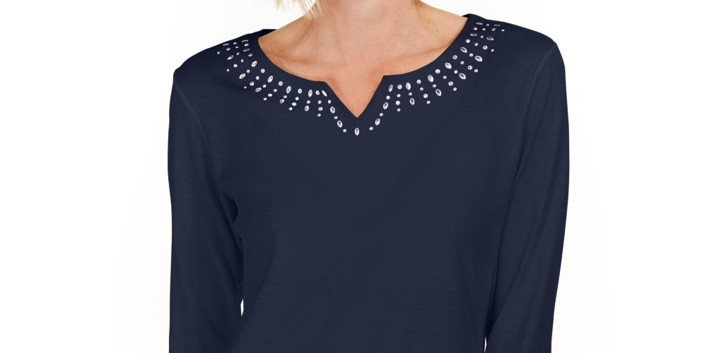 Karen Scott Women's Cotton Studded Split Neck Top Blue Size Small