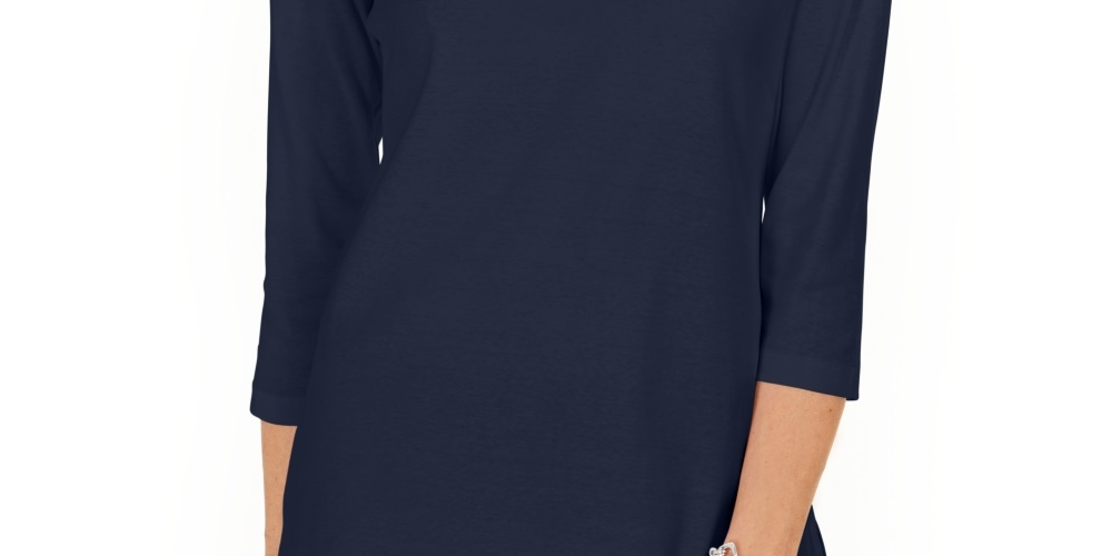 Karen Scott Women's Cotton Studded Split Neck Top Blue Size Small