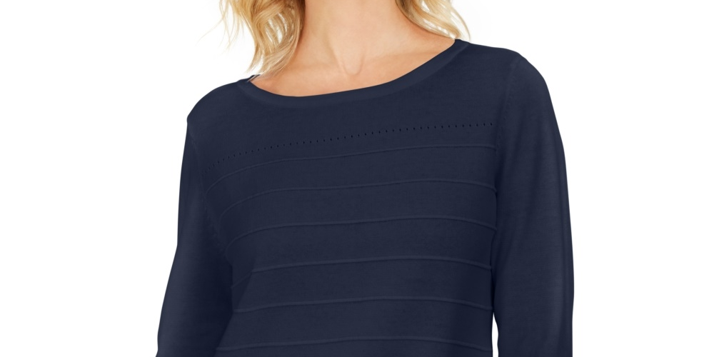 Karen Scott Women's Ribbed 3/4-Sleeve Sweater Navy Size Small