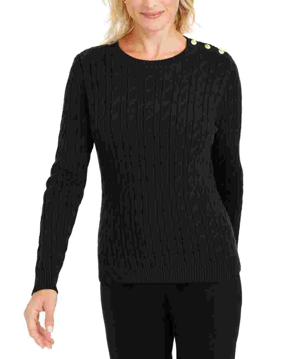 Charter Club Women's Textured Embellished Patterned Long Sleeve Jewel Neck Sweater Black Size Small
