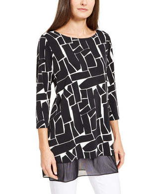 Alfani Women's Printed Mesh Trim Tunic Top Black Size PL