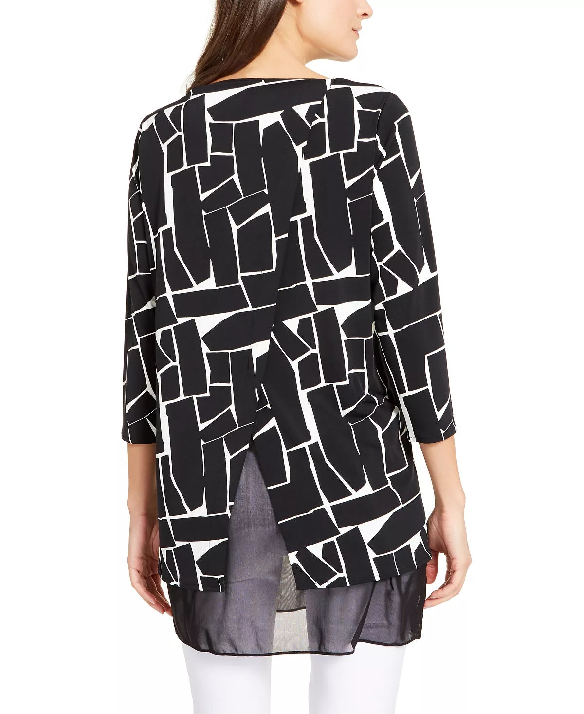 Alfani Women's Printed Mesh Trim Tunic Top Black Size PL