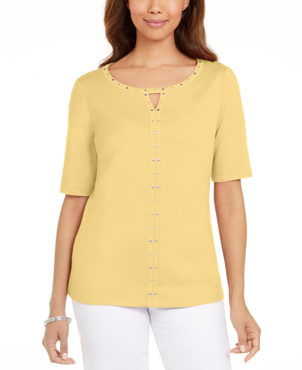 Karen Scott Women's Cotton Keyhole Studded Top  Yellow Size Small
