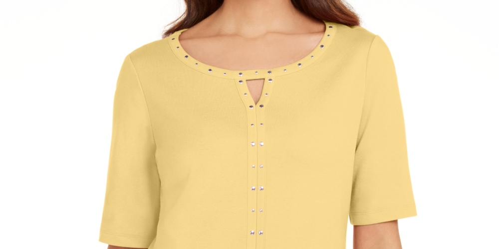 Karen Scott Women's Cotton Keyhole Studded Top  Yellow Size Small