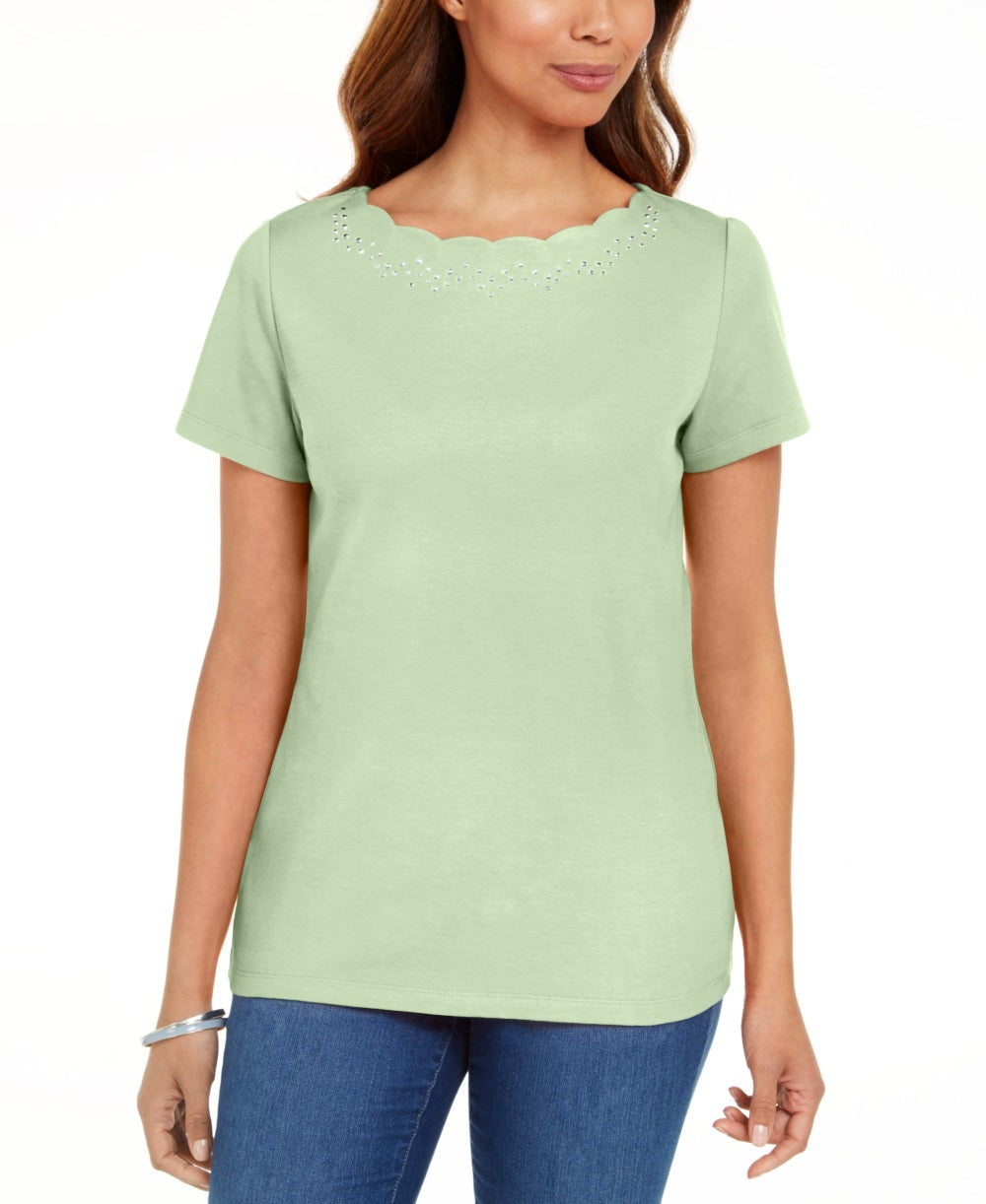 Karen Scott Women's Cotton Scalloped Neck T-Shirt  Green Size Small
