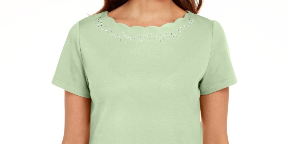 Karen Scott Women's Cotton Scalloped Neck T-Shirt  Green Size Small