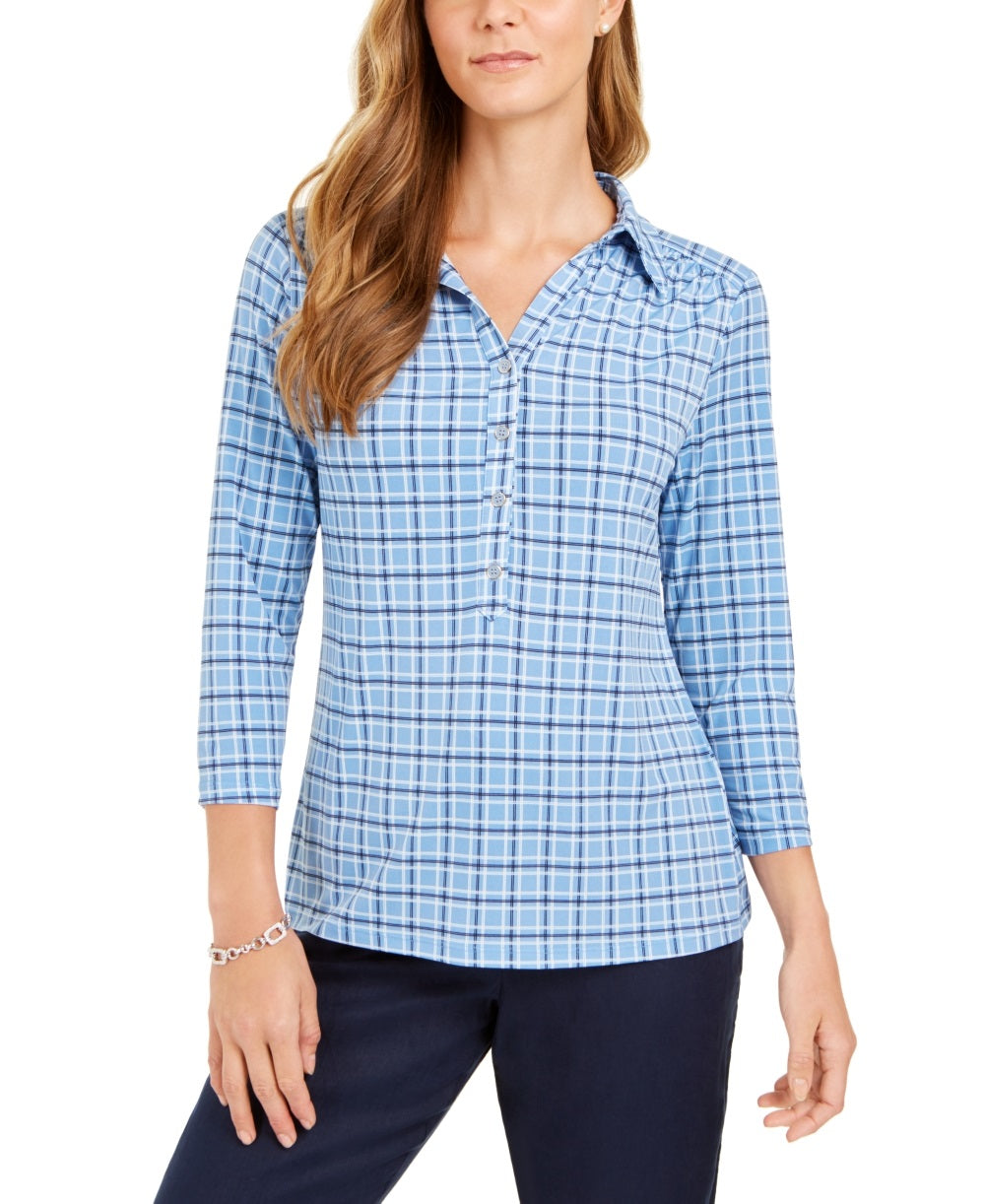 Charter Club Women's 3/4 Sleeve Printed Polo Top Blue Size X-Large