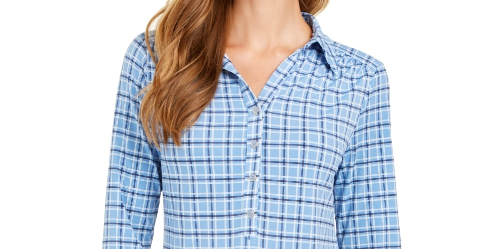 Charter Club Women's 3/4 Sleeve Printed Polo Top Blue Size X-Large