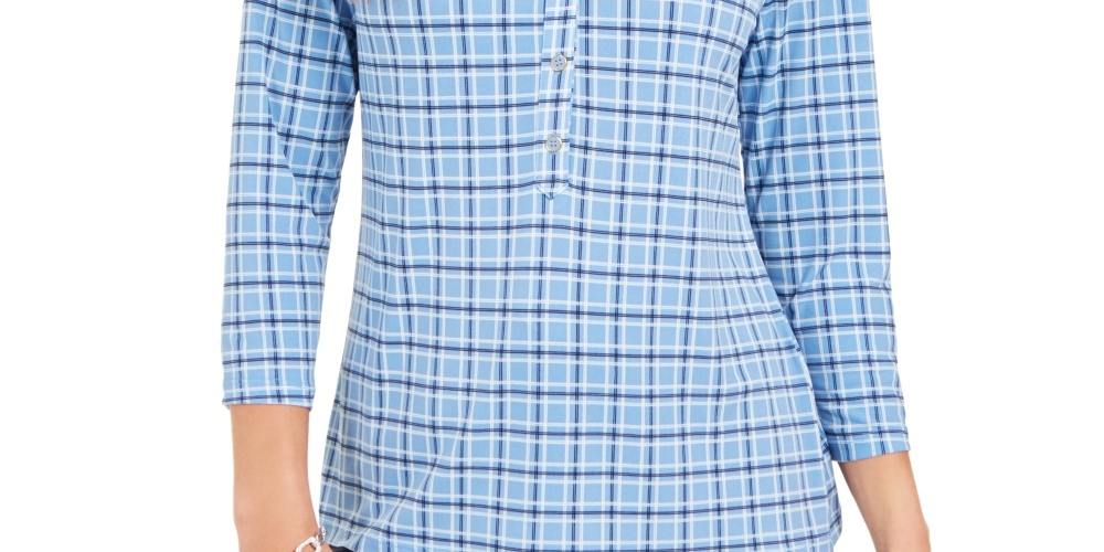 Charter Club Women's 3/4 Sleeve Printed Polo Top Blue Size X-Large