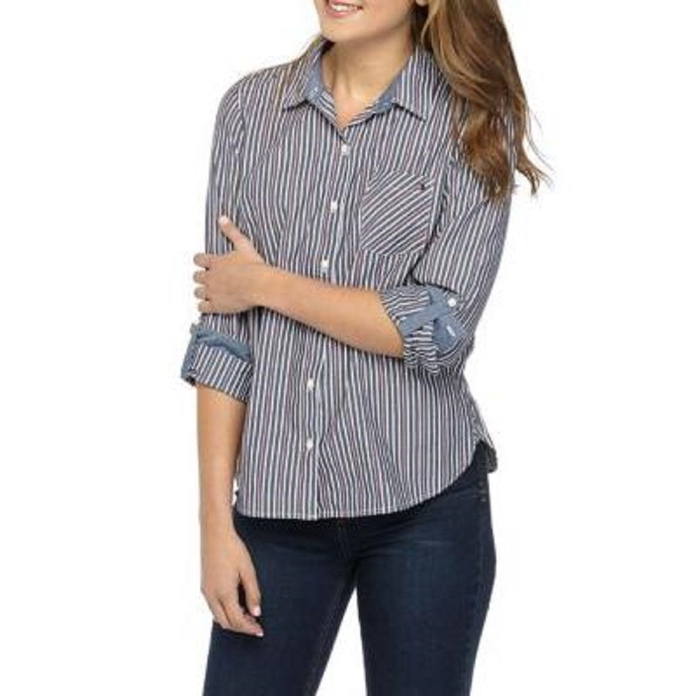 Tommy Hilfiger Women's Striped Roll Tab Button-Down Top Blue Size X-Small