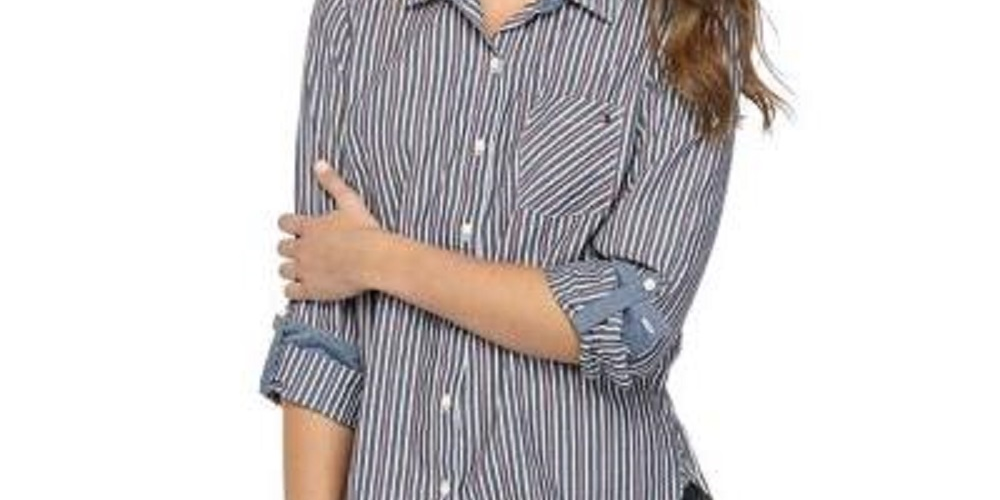 Tommy Hilfiger Women's Striped Roll Tab Button-Down Top Blue Size X-Small