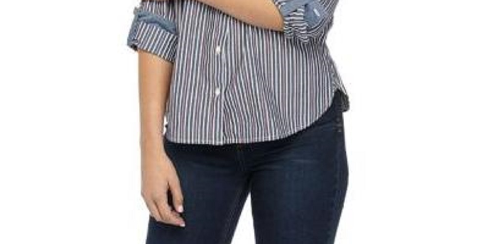 Tommy Hilfiger Women's Striped Roll Tab Button-Down Top Blue Size X-Small