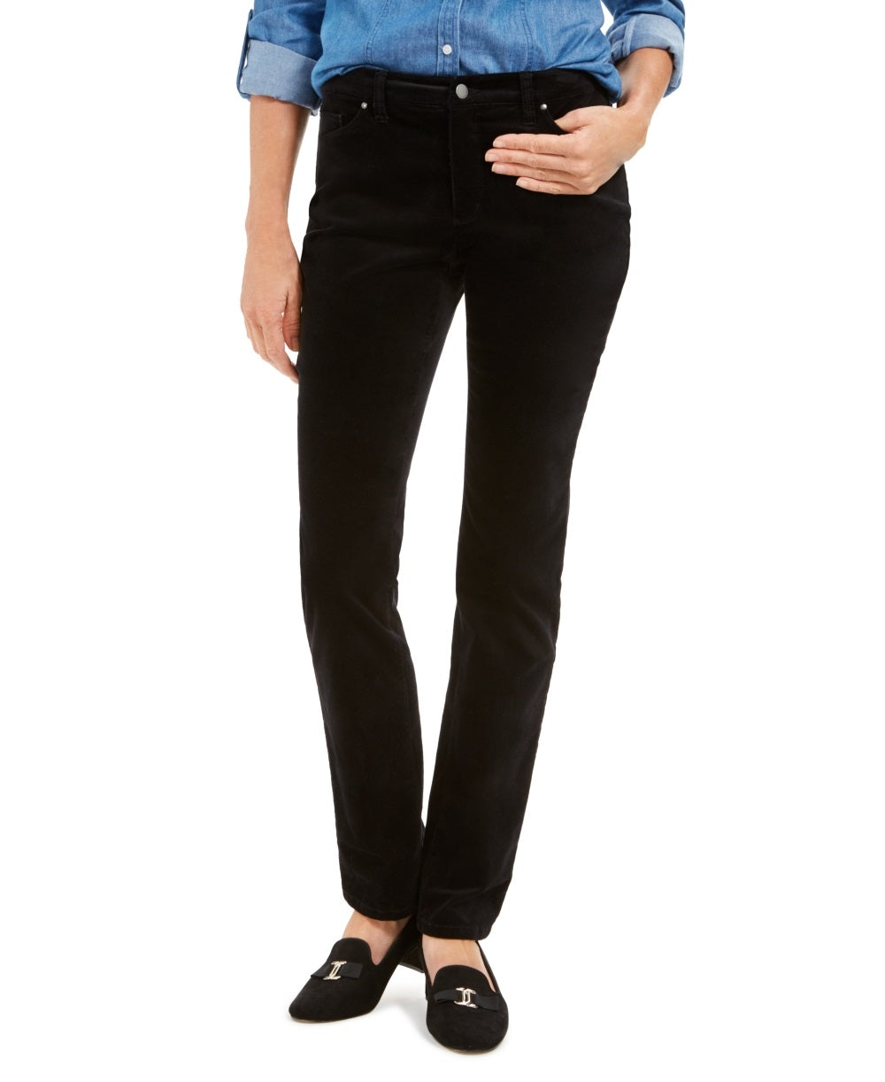 Charter Club Women's Lexington Velveteen Tummy Control Straight Leg Jeans Black Size 16