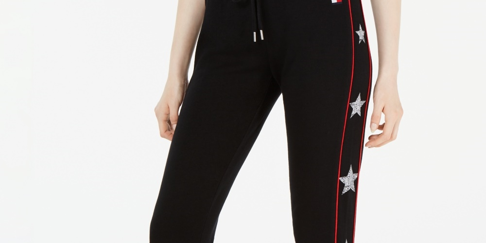 Tommy Hilfiger Women's Sport Star Trim Cuffed Jogger Pants Black Size Small